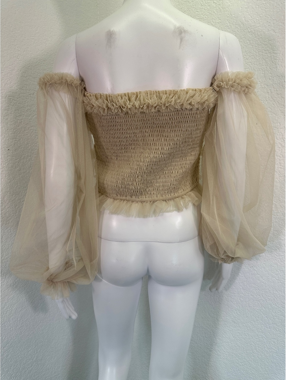 Beige Off-Shoulder Ruffle Mesh Crop Top - Picture 3 of 6